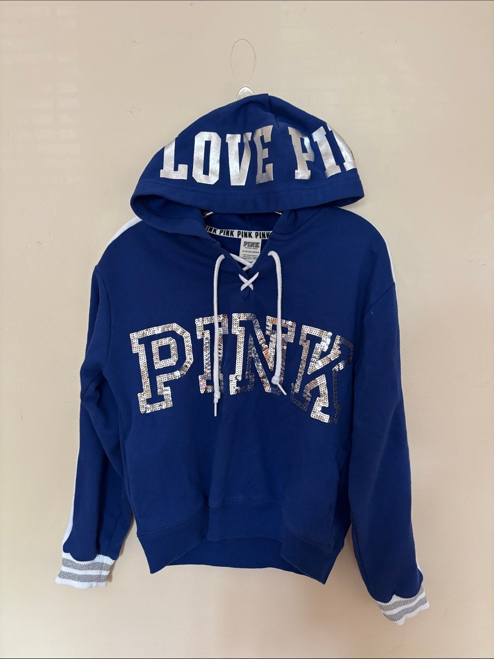 Victoria's Secret PINK Blue Hoodie with Silver Lettering